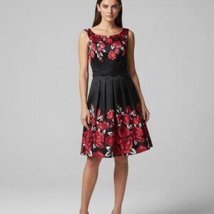 White House Black Market Black Dress with Red Roses, Size 12 Fit and Flare
